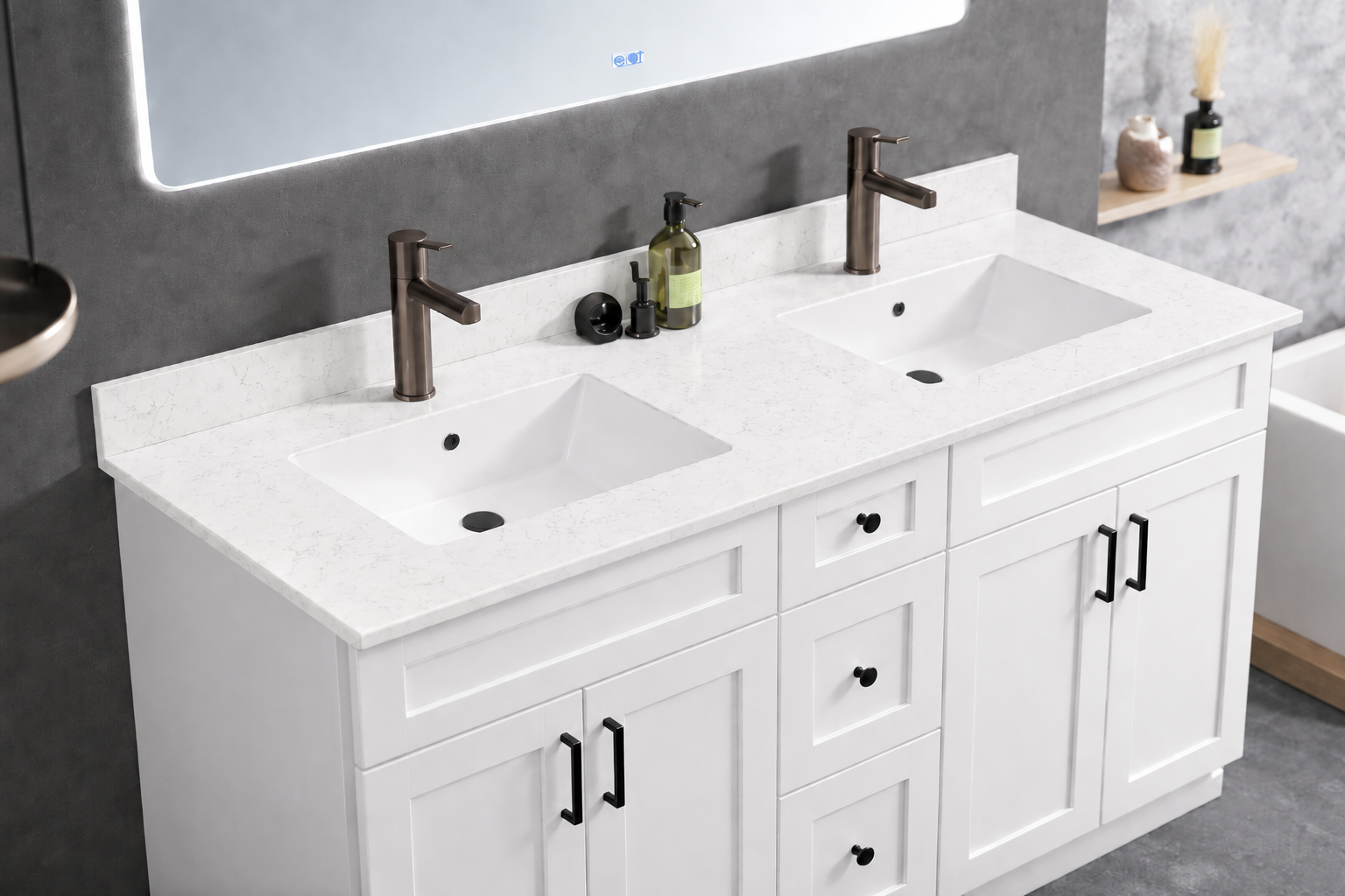 60" High-Gloss Quartz Double Sink Counter Top