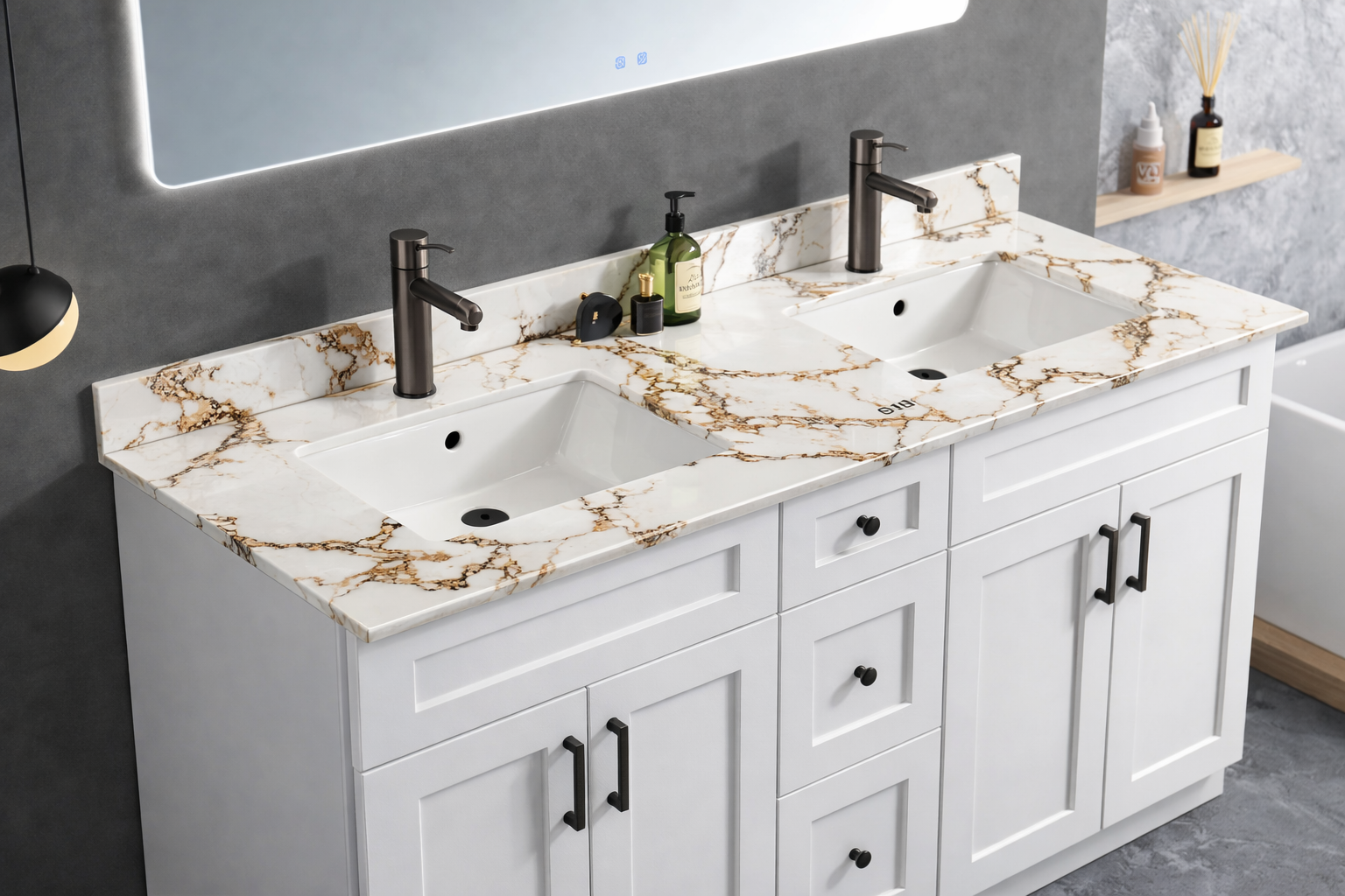 60" High-Gloss Quartz Double Sink Counter Top