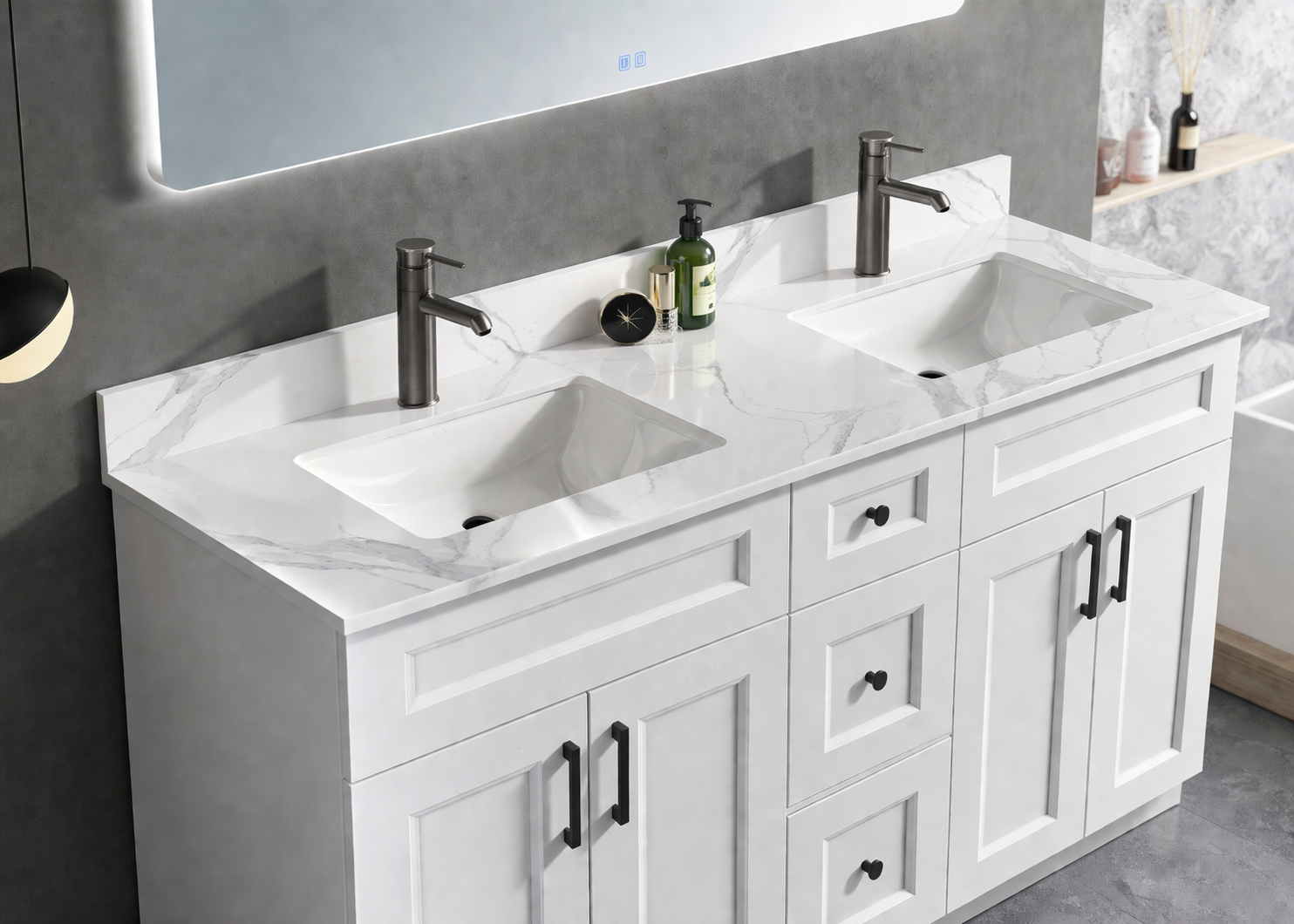 60" High-Gloss Quartz Double Sink Counter Top