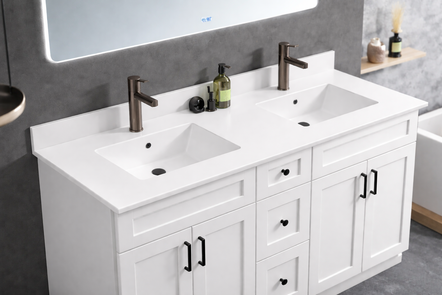 60" High-Gloss Quartz Double Sink Counter Top