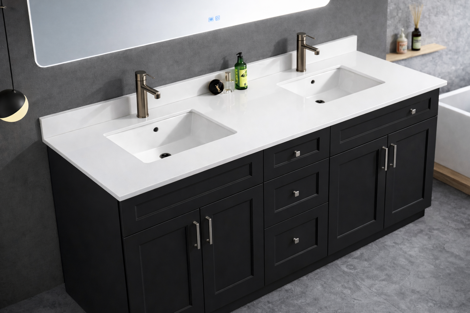 72" High-Gloss Quartz Double Sink Counter Top