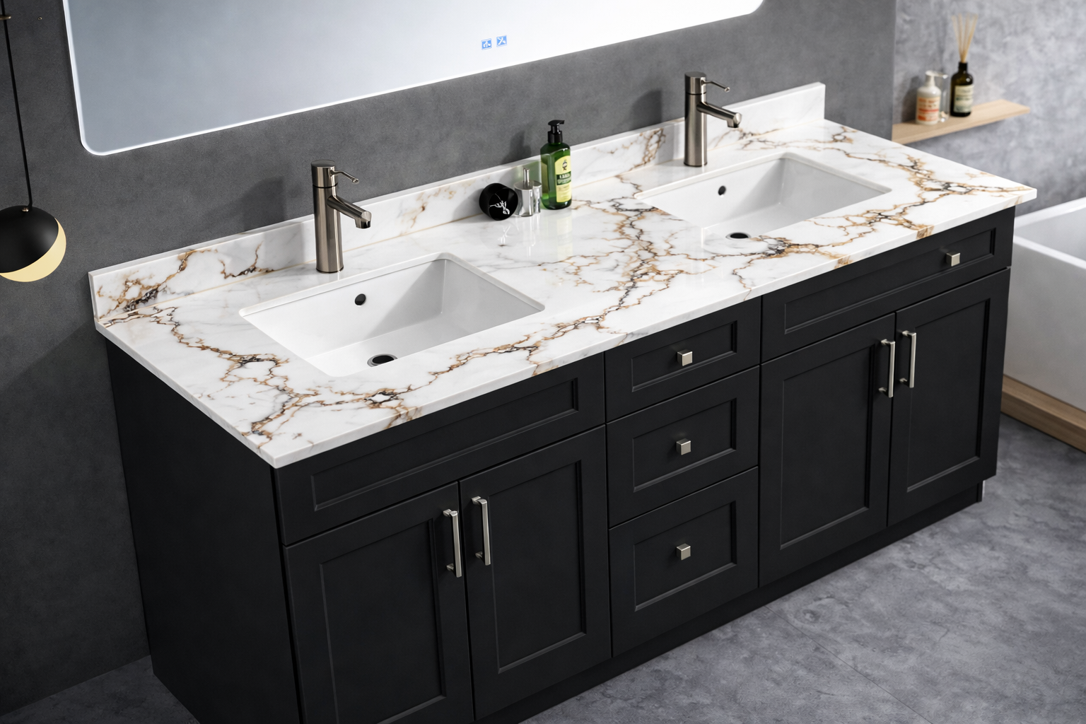 72" High-Gloss Quartz Double Sink Counter Top