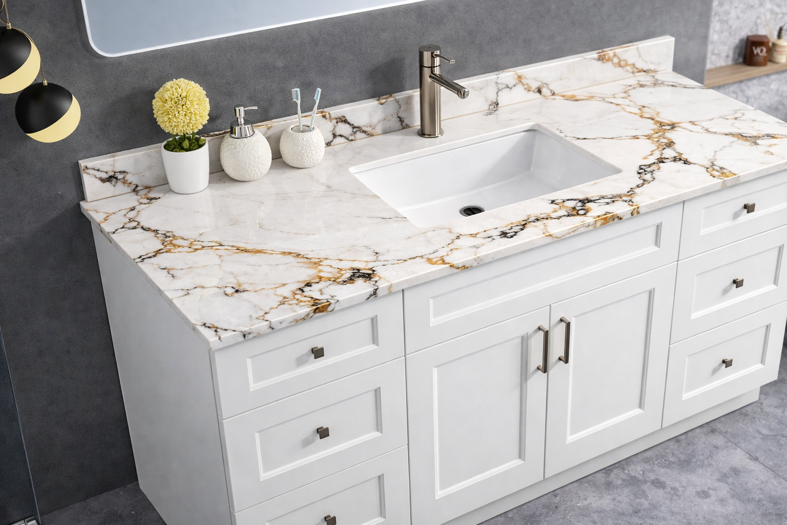 60" High-Gloss Quartz Single Sink Counter Top