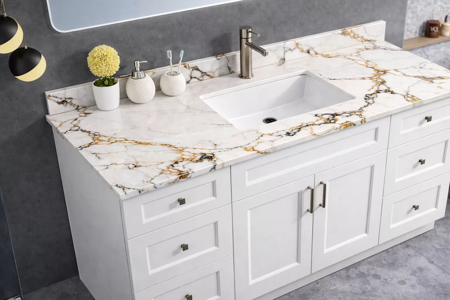 60" High-Gloss Quartz Single Sink Counter Top